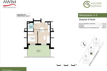 Rzut - Mieszkanie na sprzedaż 2 pokoje o powierzchni 36,09 m² - numer B5 w Wzgórze Gustawa