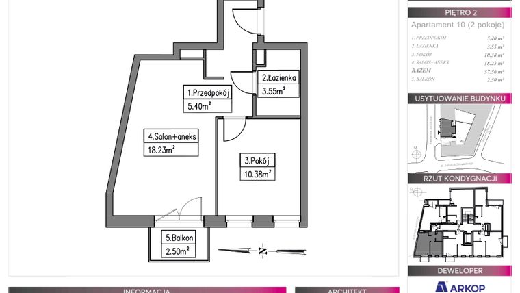 Rzut - Mieszkanie na sprzedaż 2 pokoje o powierzchni 37,56 m² - numer 10 w Centro Domini