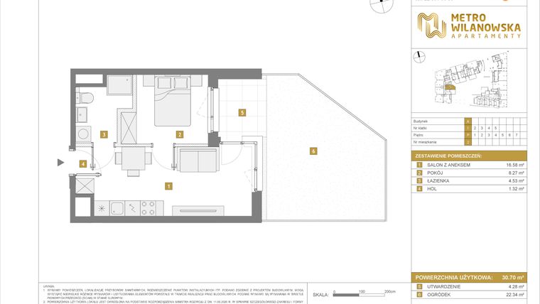 Rzut - Mieszkanie na sprzedaż 2 pokoje o powierzchni 30,7 m² - numer 2 w Apartamenty Metro Wilanowska