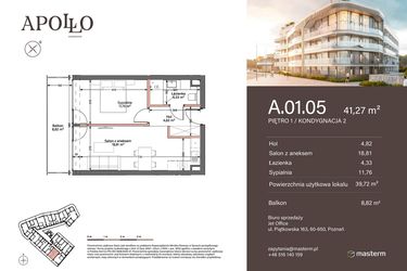 Rzut - Mieszkanie na sprzedaż 2 pokoje o powierzchni 39,72 m² - numer A.1.05 w Apollo Residence