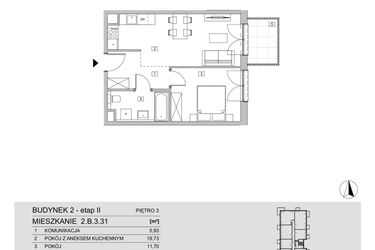 Rzut - Mieszkanie na sprzedaż 2 pokoje o powierzchni 42,91 m² - numer 2.B.3.31 w ATAL Apollina II
