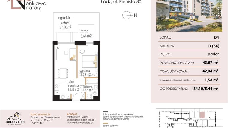 Rzut - Mieszkanie na sprzedaż 2 pokoje o powierzchni 43,57 m² - numer D4 w Enklawa Natury