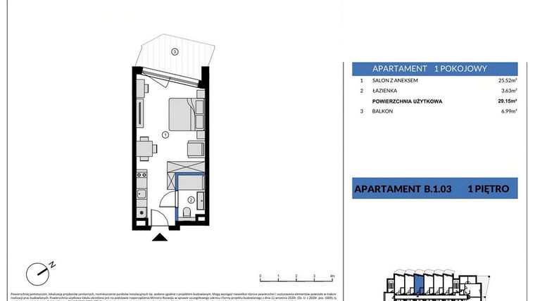 Rzut - Mieszkanie na sprzedaż 1 pokój o powierzchni 29,15 m² - numer B.1.03 w Wind Yacht