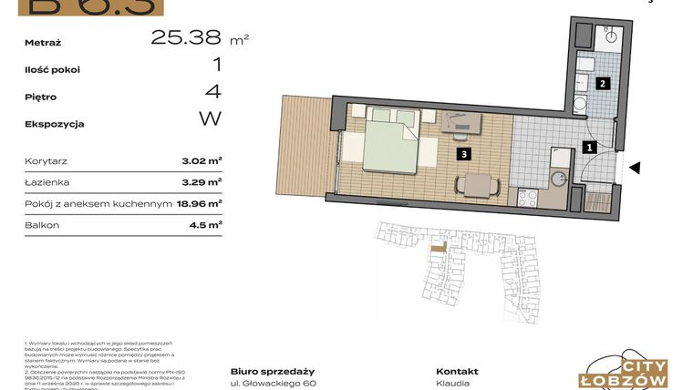 Rzut - Mieszkanie na sprzedaż 1 pokój o powierzchni 25,38 m² - numer B 6.3 w City Łobzów