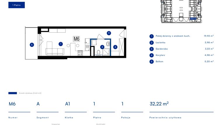 Rzut - Mieszkanie na sprzedaż 1 pokój o powierzchni 32,22 m² - numer 6A w Przy Bursztynowej
