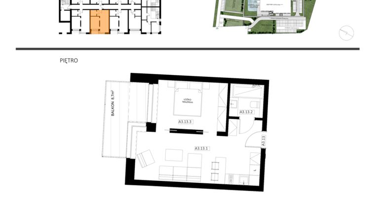 Rzut - Mieszkanie na sprzedaż 2 pokoje o powierzchni 39,46 m² - numer A3.13 w Apartamenty Dźwirzyno