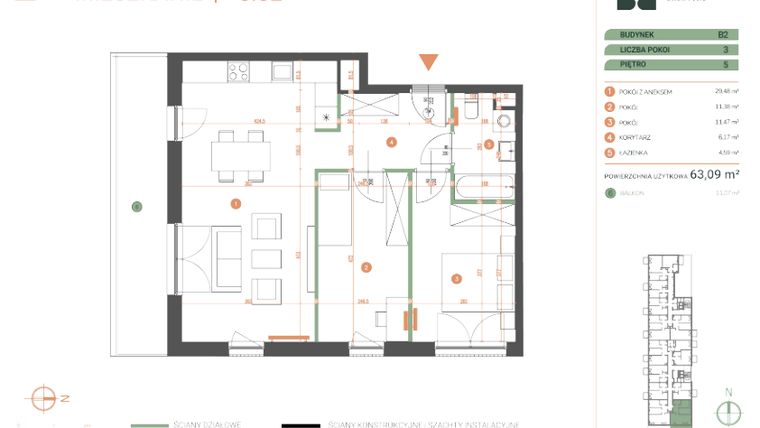 Rzut - Mieszkanie na sprzedaż 3 pokoje o powierzchni 63,09 m² - numer M.05.02 w Casa Feliz Portowa
