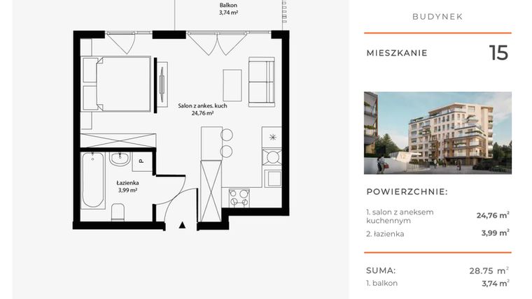 Rzut - Mieszkanie na sprzedaż 1 pokój o powierzchni 28,75 m² - numer 15 w Bytkowska 4.0