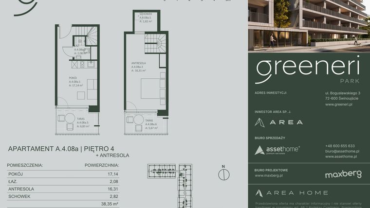Rzut - Mieszkanie na sprzedaż 2 pokoje o powierzchni 38,35 m² - numer A.4.08a w Greeneri Park