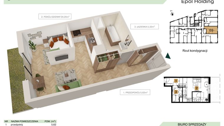 Rzut - Mieszkanie na sprzedaż 1 pokój o powierzchni 35,14 m² - numer B1.M3 w Tutaj Bunscha