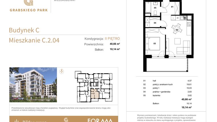 Rzut - Mieszkanie na sprzedaż 2 pokoje o powierzchni 40,66 m² - numer C.2.04 w Grabskiego Park