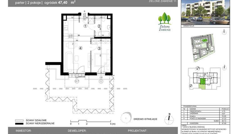 Rzut - Mieszkanie na sprzedaż 2 pokoje o powierzchni 40,12 m² - numer 1C.4 w Zielone Zamienie XI