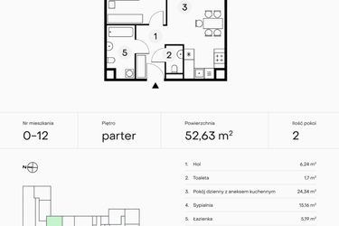 Rzut - Mieszkanie na sprzedaż 2 pokoje o powierzchni 52,63 m² - numer 0-12 w Pączka 1