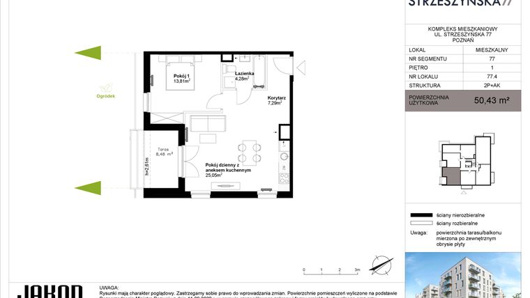 Rzut - Mieszkanie na sprzedaż 2 pokoje o powierzchni 50,43 m² - numer 77.4 w Strzeszyńska 77