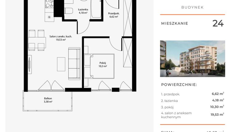 Rzut - Mieszkanie na sprzedaż 2 pokoje o powierzchni 40,63 m² - numer 24 w Bytkowska 4.0