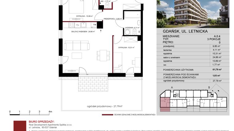 Rzut - Mieszkanie na sprzedaż 3 pokoje o powierzchni 61,79 m² - numer A.0.04 w Letnicka Residence