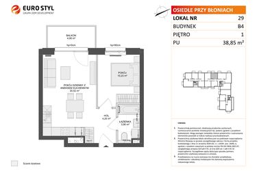 Rzut - Mieszkanie na sprzedaż 2 pokoje o powierzchni 38,85 m² - numer B4.29 w Osiedle Przy Błoniach 3 etap III