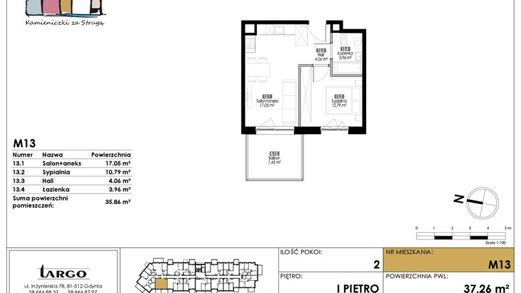 Rzut - Mieszkanie na sprzedaż 2 pokoje o powierzchni 35,86 m² - numer M13 w Kamieniczki za Strugą