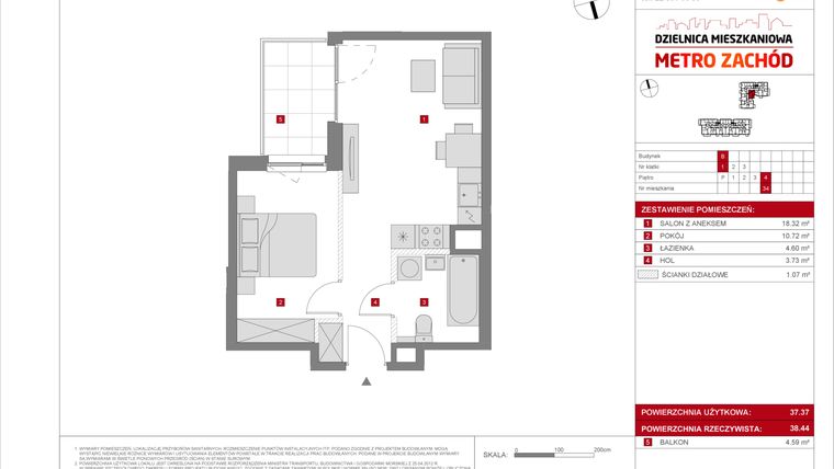 Rzut - Mieszkanie na sprzedaż 2 pokoje o powierzchni 37,37 m² - numer B.34 w Dzielnica Mieszkaniowa Metro Zachód - etap 8.2