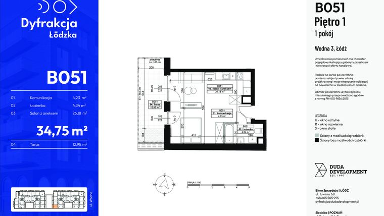 Rzut - Mieszkanie na sprzedaż 1 pokój o powierzchni 34,75 m² - numer B051 w Dyfrakcja Łódzka