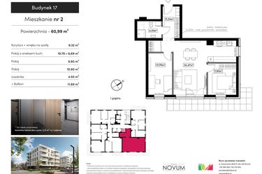 Rzut - Mieszkanie na sprzedaż 3 pokoje o powierzchni 60,99 m² - numer B17.M2 w Novum Rumia - bud. 17