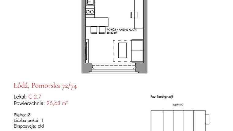 Rzut - Mieszkanie na sprzedaż 1 pokój o powierzchni 26,56 m² - numer C 2.7 w Melody Loft