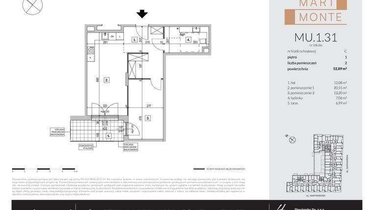 Rzut - Mieszkanie na sprzedaż 2 pokoje o powierzchni 52,89 m² - numer MU.1.31 w Marimonte - apartamenty inwestycyjne