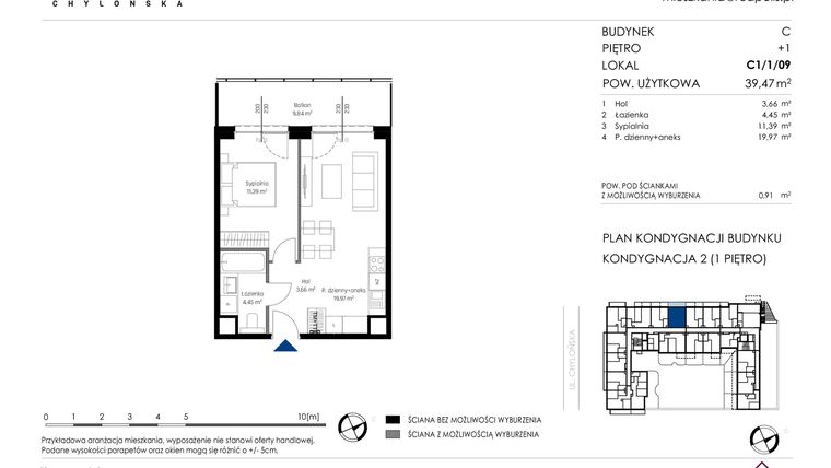Rzut - Mieszkanie na sprzedaż 2 pokoje o powierzchni 39,47 m² - numer C1/1/09 w Chylońska STO10 etap III