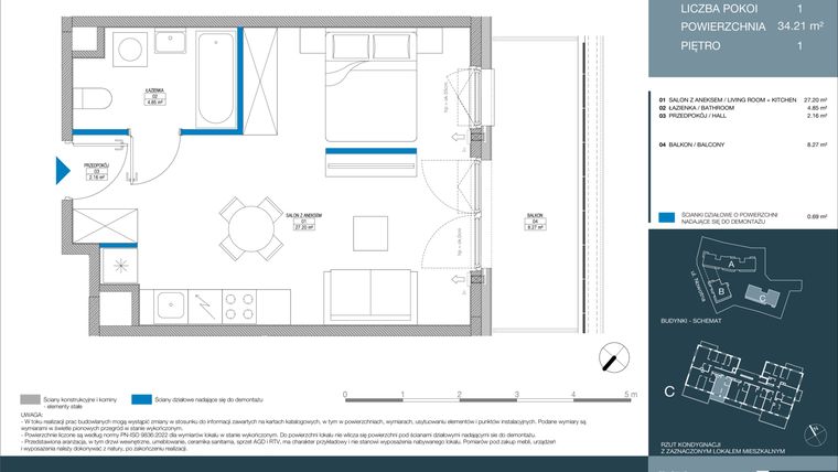 Rzut - Mieszkanie na sprzedaż 1 pokój o powierzchni 34,21 m² - numer C.1.2.3 w Meri Apartamenty