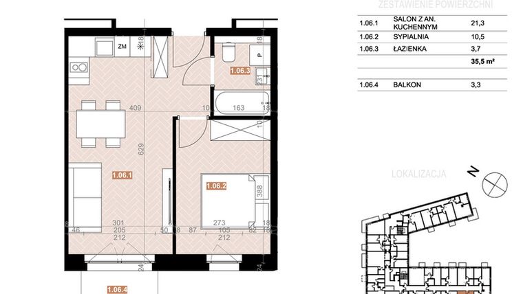 Rzut - Mieszkanie na sprzedaż 2 pokoje o powierzchni 35,5 m² - numer 106 w Szczecińska 20