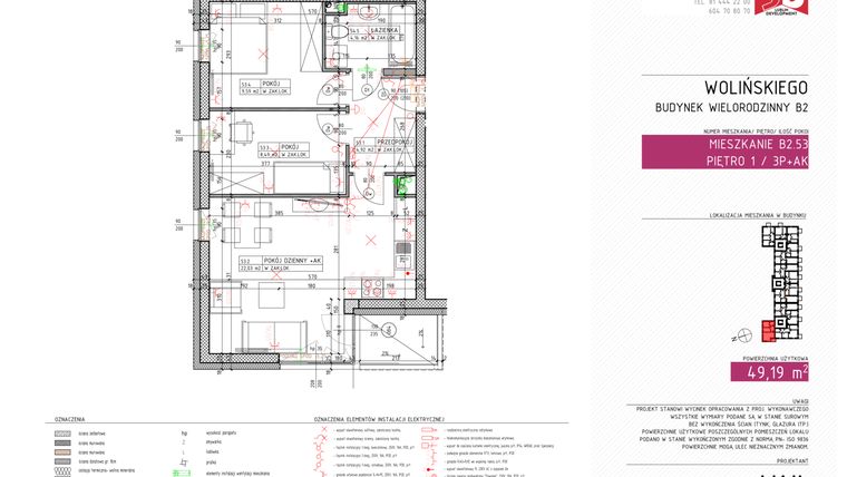 Rzut - Mieszkanie na sprzedaż 3 pokoje o powierzchni 49,19 m² - numer B2.53 w Osiedle nad Zalewem