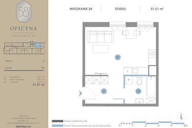 Rzut - Mieszkanie na sprzedaż 1 pokój o powierzchni 31,51 m² - numer 34 w Oficyna - mieszkania