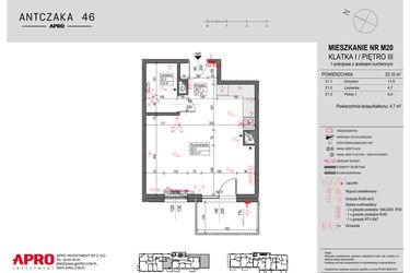 Rzut - Mieszkanie na sprzedaż 1 pokój o powierzchni 33,1 m² - numer M20 w Antczaka 46