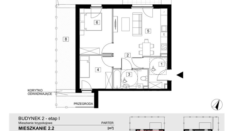 Rzut - Mieszkanie na sprzedaż 3 pokoje o powierzchni 54,33 m² - numer 2.2 w Jasieny