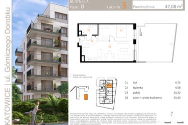 Rzut - Mieszkanie na sprzedaż 2 pokoje o powierzchni 47,08 m² - numer A_3 w Zielony Nikiszowiec