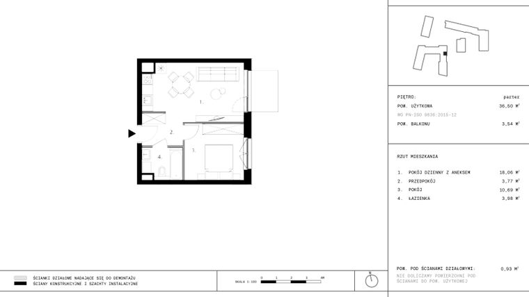 Rzut - Mieszkanie na sprzedaż 2 pokoje o powierzchni 36,27 m² - numer 123 w 28 czerwca 1956 r.
