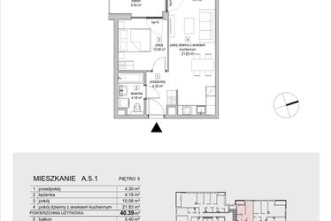 Rzut - Mieszkanie na sprzedaż 2 pokoje o powierzchni 40,39 m² - numer A.5.1 w ATAL Symbioza IA