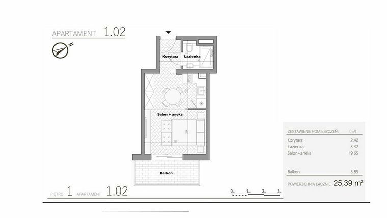 Rzut - Mieszkanie na sprzedaż 1 pokój o powierzchni 25,39 m² - numer 2.2 w Villa Książąt Pomorskich