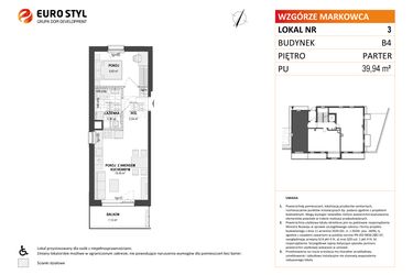 Rzut - Mieszkanie na sprzedaż 2 pokoje o powierzchni 39,94 m² - numer B4 3 w Wzgórze Markowca