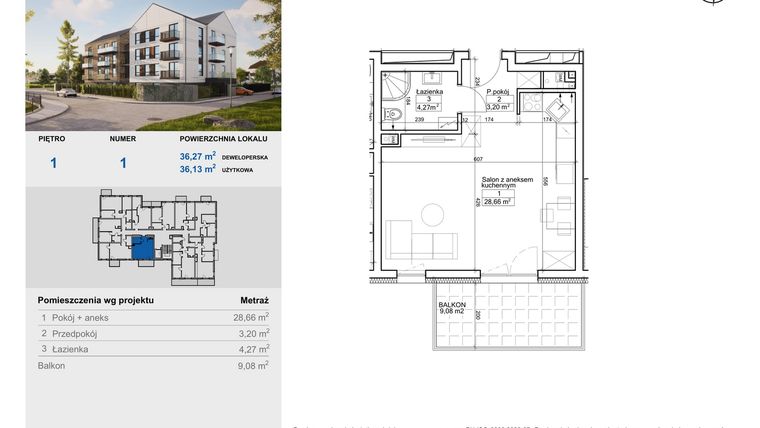 Rzut - Mieszkanie na sprzedaż 1 pokój o powierzchni 36,13 m² - numer 1 w Balantia