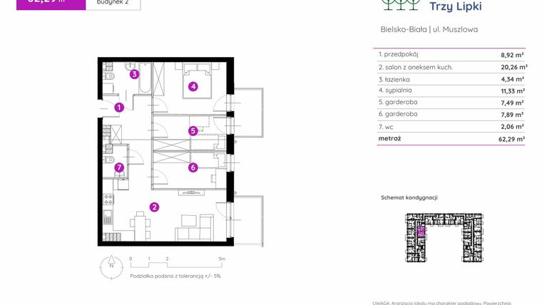 Rzut - Mieszkanie na sprzedaż 2 pokoje o powierzchni 62,29 m² - numer 2.A.3.10 w Murapol Trzy Lipki etap II