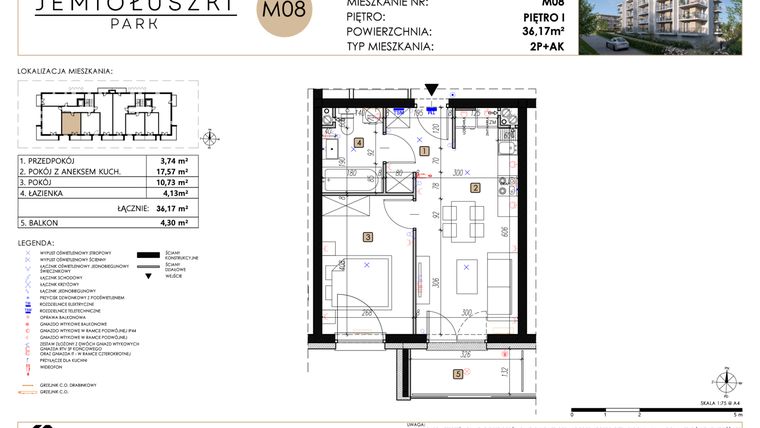 Rzut - Mieszkanie na sprzedaż 2 pokoje o powierzchni 36,17 m² - numer A2_M08 w Jemiołuszki Park etap 2