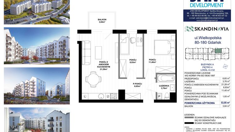 Rzut - Mieszkanie na sprzedaż 3 pokoje o powierzchni 53,95 m² - numer A.4.52 w Skandinavia
