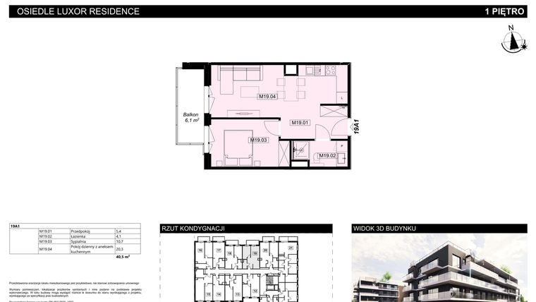 Rzut - Mieszkanie na sprzedaż 2 pokoje o powierzchni 40,5 m² - numer A1.19 w Luxor Residence
