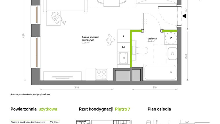 Rzut - Mieszkanie na sprzedaż 1 pokój o powierzchni 26,8 m² - numer A.7.5 w Żywiecka Vita