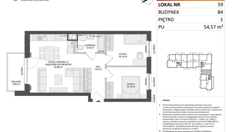 Rzut - Mieszkanie na sprzedaż 3 pokoje o powierzchni 54,57 m² - numer B4.59 w Osiedle Przy Błoniach 3 etap III