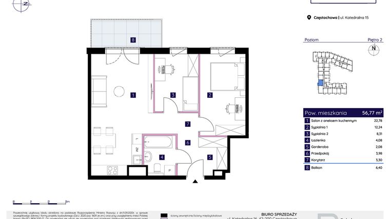 Rzut - Mieszkanie na sprzedaż 3 pokoje o powierzchni 56,77 m² - numer 15/109 w Osiedle Neonowe