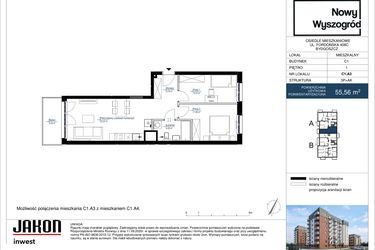 Rzut - Mieszkanie na sprzedaż 3 pokoje o powierzchni 55,56 m² - numer C1.A3 w Nowy Wyszogród etap II