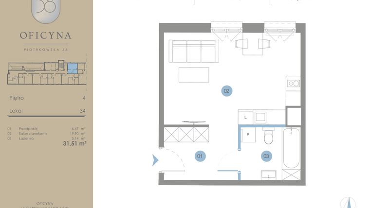 Rzut - Mieszkanie na sprzedaż 1 pokój o powierzchni 31,51 m² - numer 34 w Oficyna - mieszkania