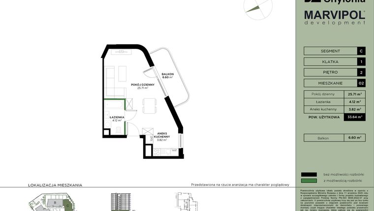 Rzut - Mieszkanie na sprzedaż 1 pokój o powierzchni 33,64 m² - numer C-2-02 w Nowa Chylonia